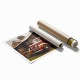 Large rolled print featuring a collection of vintage trucks in muted earth tones, ideal for classy bathroom wall art.