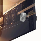 Mid-century modernist style truck motifs in earthy tones on large acrylic glass, suitable for dining room art.
