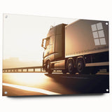 Acrylic print of a side view of colorful trucks, in vivid red and blue, ideal for bedroom or dining room decor.