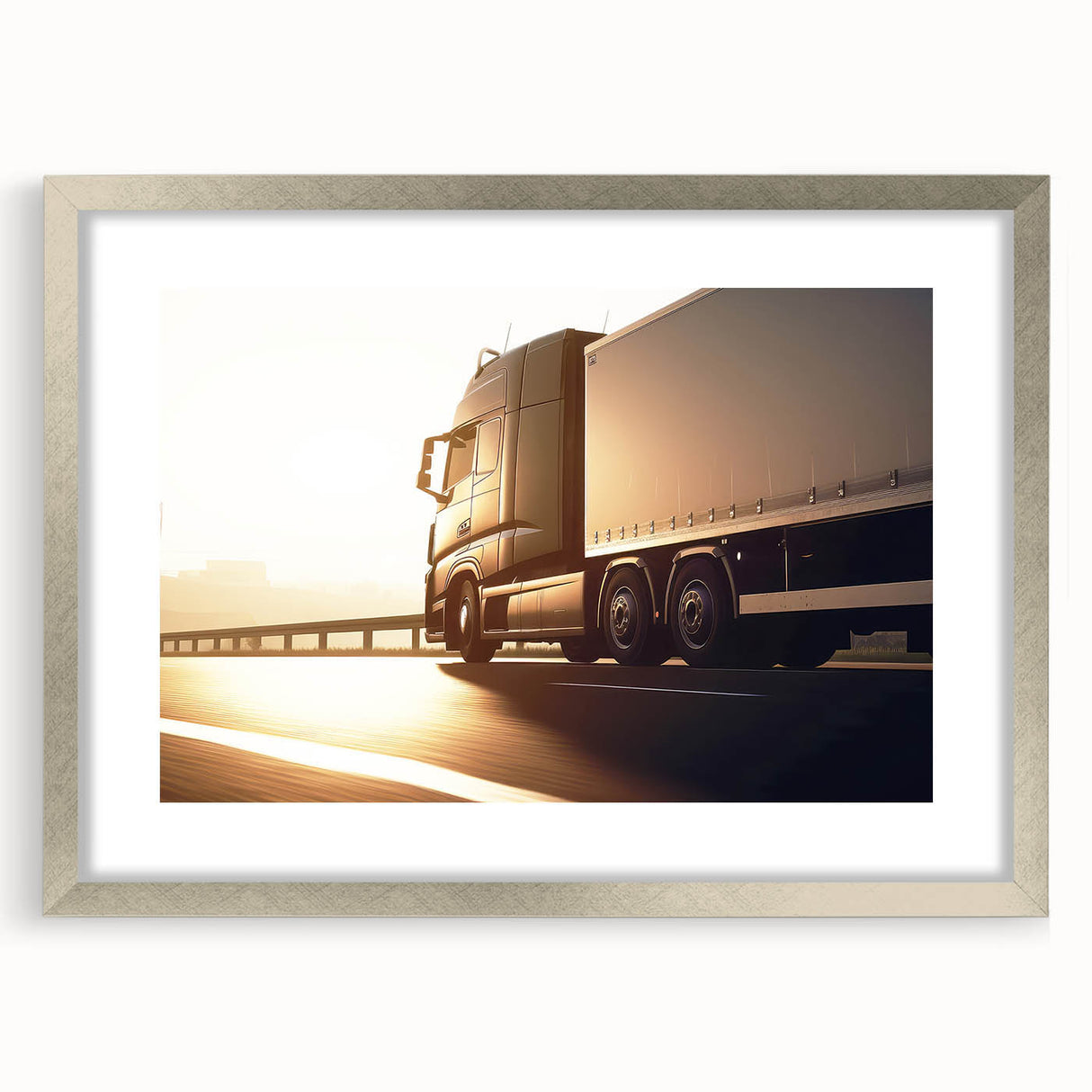 Textured art print of abstract trucks in muted gray and silver tones on a framed canvas, suitable for bedroom art.