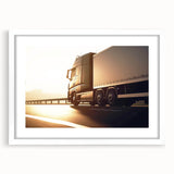 Abstract art print of colorful trucks on a white framed poster, suitable for dining room or bedroom decor.