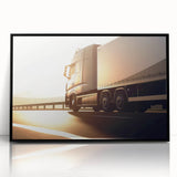 Large abstract wall art featuring a collection of various trucks in mid-century modernist style, framed in black acrylic.