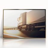 Mid-century modernist large art print of colorful trucks on acrylic, framed in gold, suitable for nursery wall art.