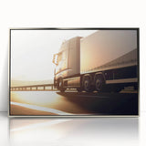 Mid-century modernist art featuring trucks in muted shades on a silver-framed acrylic print, suitable for nursery wall art.