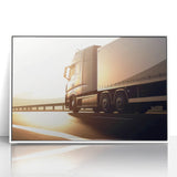 Art deco poster featuring colorful trucks in a row, printed on white acrylic, ideal for nursery wall decor.