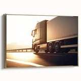 Vintage poster art of black trucks in landscape, framed canvas in gold, suitable for bedroom wall decor.