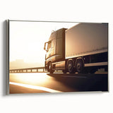 Framed canvas featuring a vintage poster art of colorful trucks in side view, set against a black background.