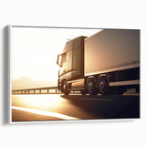 Vintage poster art of colorful trucks on a black background, framed canvas, suitable for large living room walls.