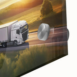 Mid-century modernist art of abstract trucks in muted earth tones on acrylic glass, suitable for dining room art.