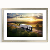 Textured art of abstract trucks in muted gray and blue tones on a framed silver mat, suitable for bedroom decor.