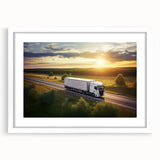 Abstract art print of colorful trucks on a white framed poster, suitable for bedroom or dining room decor.