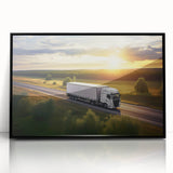 Framed acrylic print featuring large abstract wall art of trucks in bold black and gray tones.