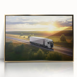 Mid-century modernist art of colorful trucks on a gold-framed acrylic, suitable for nursery wall art.