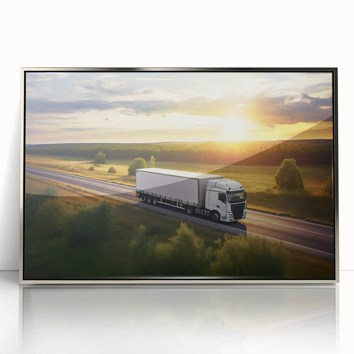 Mid-century modernist art featuring a series of stylized trucks in muted colors on a silver-framed acrylic.