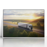 Art deco poster of colorful trucks in a row on white acrylic, ideal for nursery wall decor.