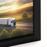 Black framed canvas featuring a close-up of colorful, textured trucks, ideal for extra large living room wall art.