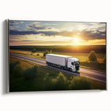 Framed canvas featuring a vintage poster of colorful trucks in a landscape, ideal for a modern office.