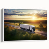Vintage poster art of colorful trucks on a black background, framed canvas, ideal for living room decor.
