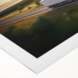 Art deco poster of vintage trucks in muted earth tones on rolled canvas, suitable for dining room decor.