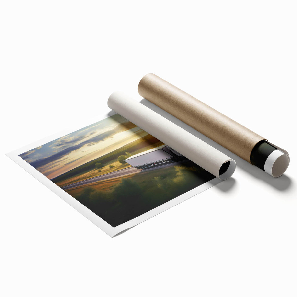 Extra large rolled print featuring a collection of vintage trucks in muted red and blue tones.