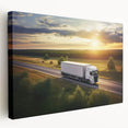 Side view of colorful trucks in a row on a large stretched canvas, suitable for kitchen wall art.