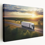 Side view of colorful trucks in a row on a large stretched canvas, suitable for kitchen wall art.