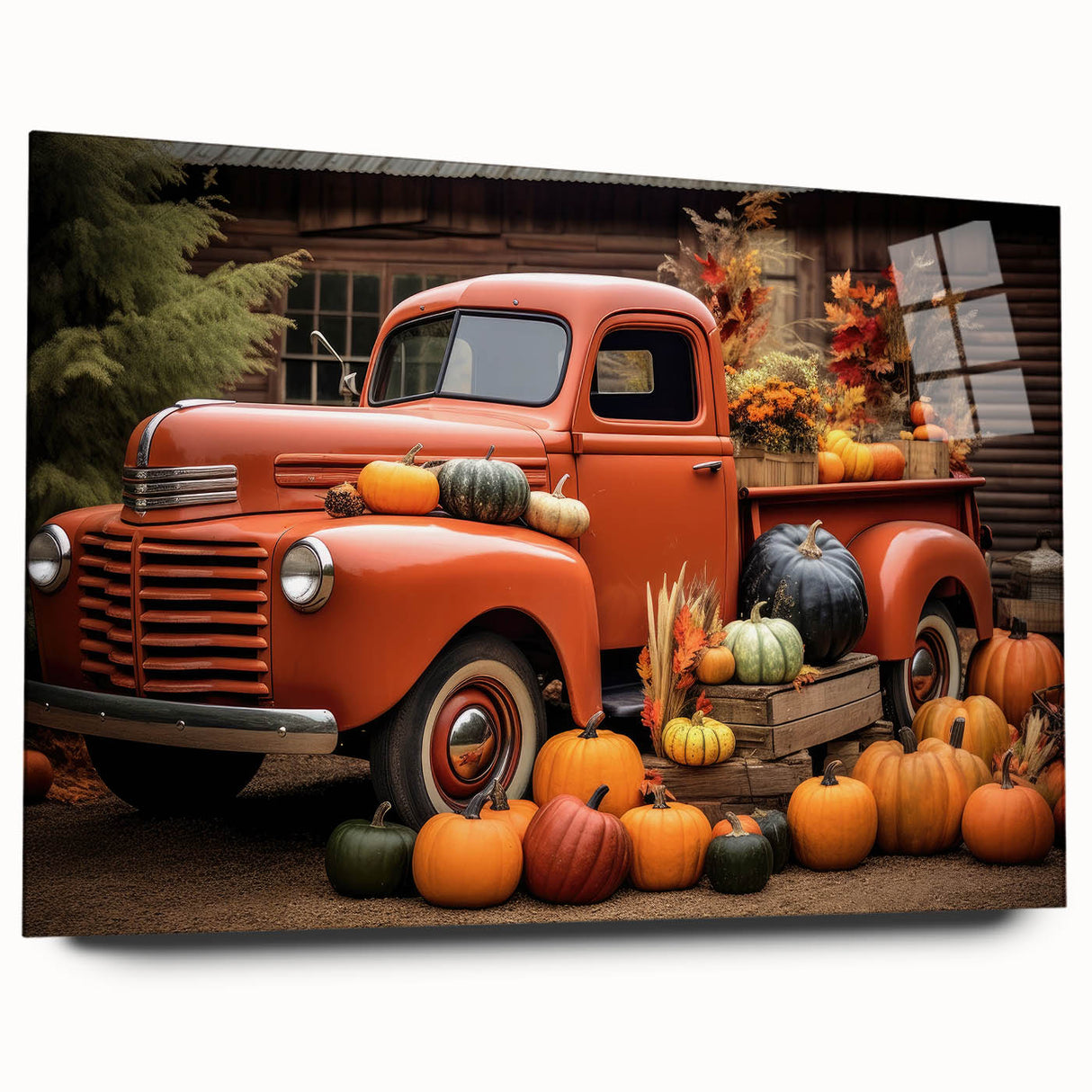 Side view of colorful trucks in abstract style on acrylic glass, ideal for bedroom or dining room art.