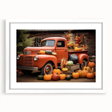 Abstract art print of colorful trucks in a row, using vibrant primary colors on a white framed mat.