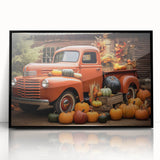 Large abstract wall art depicting colorful trucks in mid-century modernist style, framed in black acrylic.