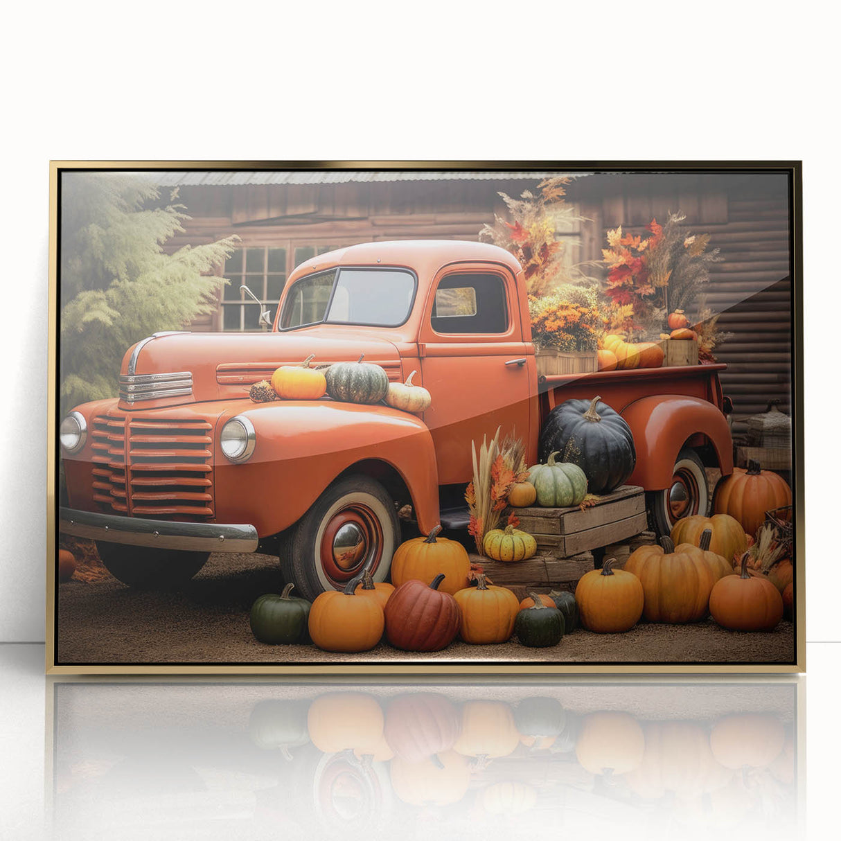 Mid-century modernist art of colorful trucks on gold acrylic, framed, ideal for nursery wall decor.