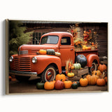 Vintage poster art of trucks in landscape, black and gold tones on framed canvas, suitable for bedroom wall art.