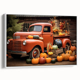 Vintage poster art of colorful trucks on a black background, framed canvas, ideal for living room decor.
