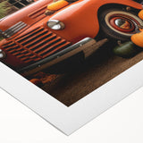 Art deco poster featuring colorful vintage trucks on rolled canvas, suitable for dining room wall.