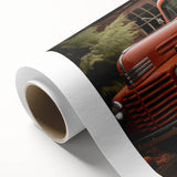 Art deco poster of colorful trucks in a stylized format on rolled canvas, suitable for nursery wall art.