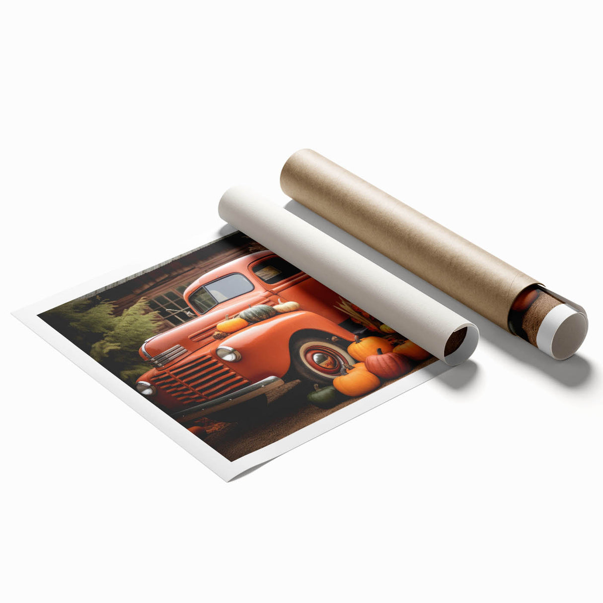 Extra large rolled print featuring a collection of vintage trucks in muted earth tones, ideal for classy bathroom wall art.