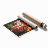 Extra large rolled print featuring a collection of vintage trucks in muted earth tones, ideal for classy bathroom wall art.