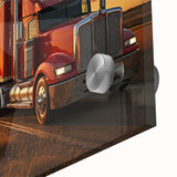Mid-century modernist art featuring abstract trucks in muted earth tones on acrylic glass, ideal for dining room decor.