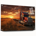 Side view of colorful trucks in abstract style on acrylic glass, suitable for bedroom or dining room decor.