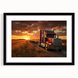 Extra large abstract art print of colorful, textured trucks on a black framed canvas, ideal for living room decor.
