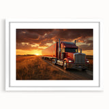 Abstract art print of colorful trucks in a minimalist style on a white framed mat, suitable for dining room decor.