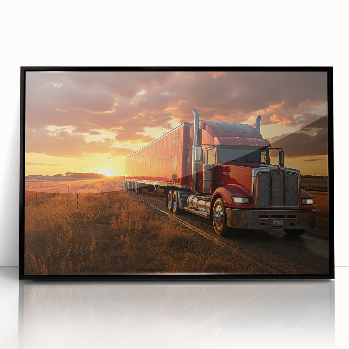 Large abstract wall art featuring a series of geometric trucks in mid-century modernist style.