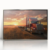 Mid-century modernist art depicting colorful trucks on silver-framed acrylic, ideal for nursery wall art.