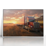 Art deco poster featuring stylized trucks in muted blue and gray on a white acrylic frame.