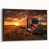 Black and white framed canvas featuring a vintage poster art style depiction of trucks, suitable for bedroom wall decor.