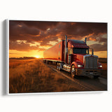 Vintage poster art of colorful trucks on a black background, framed canvas, ideal for living room decor.