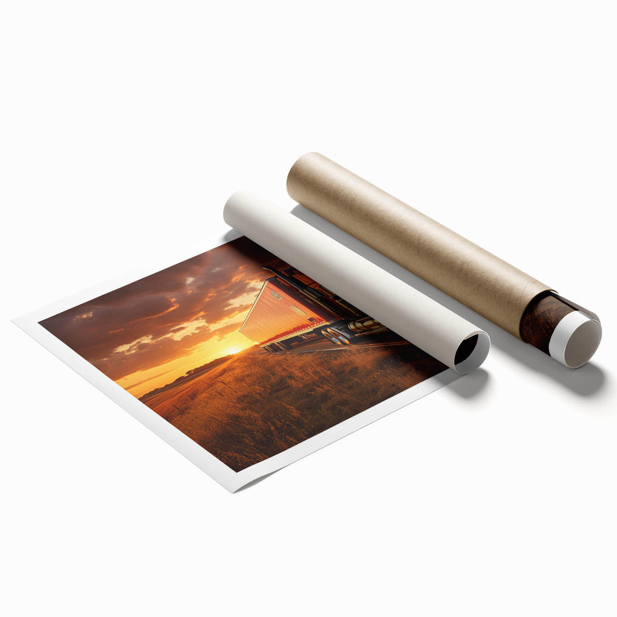 Extra large rolled print featuring a collection of vintage trucks in muted earthy tones.