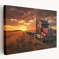 Large art print of colorful trucks in a row on stretched canvas, suited for kitchen wall art.