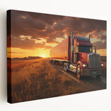 Large art print of colorful trucks in a row on stretched canvas, suited for kitchen wall art.