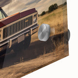 Large abstract wall art featuring colorful trucks in a mid-century modernist style on acrylic glass.