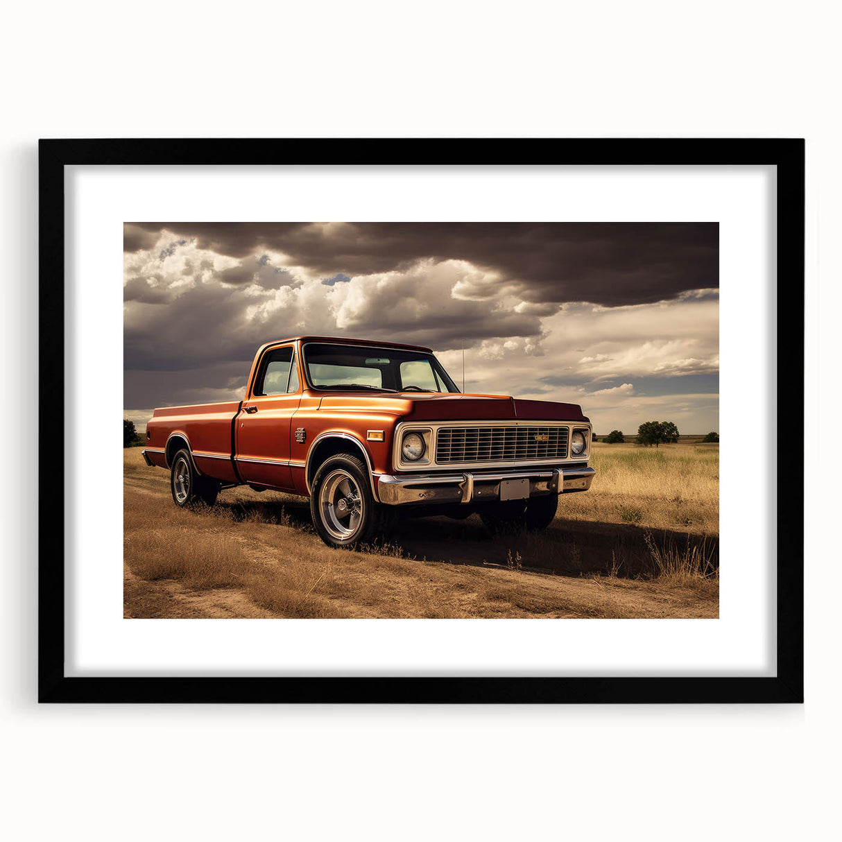 Extra large abstract art print featuring colorful, textured trucks on a black framed canvas, ideal for living room decor.